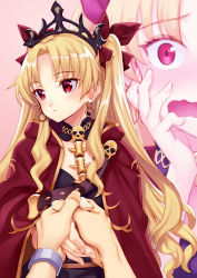 Rule 34 | 1girl, belt, between breasts, black dress, blonde hair, blush, bow, bracelet, breasts, cape, closed mouth, detached collar, dress, earrings, ereshkigal (fate), fate/grand order, fate (series), gold trim, gradient background, hair bow, highres, holding hands, hoop earrings, infinity symbol, jewelry, long hair, looking to the side, matsuryuu, multiple views, open mouth, parted bangs, pink background, red bow, red cape, red eyes, skull, solo focus, spine, tiara, two side up, wavy mouth