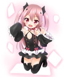 Rule 34 | 10s, 1girl, absurdres, boots, child, detached sleeves, dress, fang, highres, kneeling, krul tepes, long hair, open mouth, owari no seraph, pink hair, pointy ears, red eyes, short dress, silver light, sleeves past wrists, smile, solo, thigh boots, thighhighs, twintails, two side up, aged down