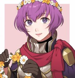 Rule 34 | 1girl, fire emblem, fire emblem: new mystery of the emblem, fire emblem awakening, gloves, head wreath, highres, katarina (fire emblem), looking at viewer, nintendo, official alternate costume, open mouth, purple eyes, purple hair, red scarf, scarf, short hair, smile, solo, upper body