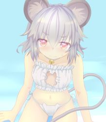 Rule 34 | 1girl, animal ears, bell, blush, breasts, cat cutout, cat ear panties, cat lingerie, cleavage cutout, clothing cutout, eyebrows, ishikkoro, jingle bell, looking at viewer, meme attire, mouse ears, mouse tail, navel, nazrin, panties, side-tie panties, small breasts, solo, tail, touhou, underwear