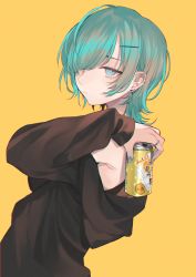 Rule 34 | 1girl, absurdres, beer can, blue eyes, can, drink can, green hair, highres, makita (vector1525), one eye covered, original, piercing, yellow background