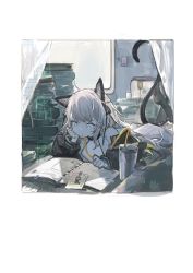 Rule 34 | 1girl, arknights, black jacket, black legwear, black ribbon, blue eyes, book stack, border, breasts, chinese commentary, closed mouth, commentary, cup, curtains, doctor (arknights), dress, drink, drinking, drinking straw, full body, hair ribbon, hand on own cheek, hand on own chin, hand on own face, indoors, infection monitor (arknights), jacket, long hair, long straw, lying, medium breasts, mint (arknights), notebook, off shoulder, on stomach, open clothes, open jacket, photo (object), pipidan, reading, ribbon, silver hair, solo, spaghetti strap, symbol-only commentary, white dress, window