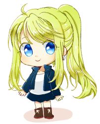 Rule 34 | 1girl, :&gt;, arms at sides, black jacket, black skirt, blonde hair, blue eyes, boots, chibi, earrings, eyelashes, eyes visible through hair, full body, fullmetal alchemist, happy, jacket, jewelry, long hair, looking away, ponytail, shadow, shirt, simple background, skirt, smile, solo, tsukuda0310, white background, white shirt, winry rockbell