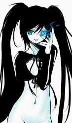 Rule 34 | 1girl, black rock shooter, black rock shooter (character), blue eyes, bottomless, breasts, code geass, joey (lilinjunyi), long hair, midriff, monochrome, parody, simple background, solo, spot color, twintails
