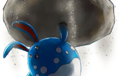 Rule 34 | azumarill, creatures (company), dust, feet out of frame, game freak, gen 2 pokemon, glowing, holding, holding rock, holding weapon, huge power (pokemon), kaosu (kaosu0905), looking at viewer, nintendo, no humans, pokemon, pokemon (creature), rabbit ears, rock, shaded face, simple background, smile, solo, weapon
