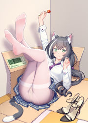 Rule 34 | 1girl, absurdres, animal ear fluff, animal ears, arm up, black hair, blush, box, breasts, candy, cardboard box, cat ears, cat girl, cat tail, chinese commentary, closed mouth, collarbone, collared shirt, commentary request, crotch seam, dress shirt, feet, food, unworn footwear, green eyes, high heels, highres, holding, holding candy, holding food, holding lollipop, indoors, karyl (princess connect!), leg lift, lollipop, long hair, long sleeves, looking at viewer, low twintails, lying, medium breasts, miniskirt, multicolored hair, no shoes, on back, open mouth, panties, panties under pantyhose, pantyhose, pleated skirt, princess connect!, purple neckwear, sandals, unworn sandals, school uniform, shirt, sidelocks, skirt, soles, solo, streaked hair, tail, thighband pantyhose, tile floor, tiles, twintails, underwear, white hair, white panties, white pantyhose, white shirt, wing collar, xiaoxi0619