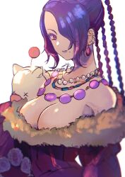 Rule 34 | 1girl, artist name, black hair, braid, breasts, cleavage, closed mouth, coat, commentary request, eyelashes, final fantasy, final fantasy x, fur-trimmed coat, fur trim, hair over one eye, highres, jewelry, large breasts, long hair, looking at viewer, lulu (ff10), miyama (lacrima01), mole, mole under mouth, moogle, multiple braids, multiple necklaces, necklace, purple lips, red eyes, signature, simple background, solo, stuffed toy, upper body, white background