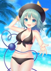 Rule 34 | 1girl, :d, arm up, bare arms, bare shoulders, beach, bead bracelet, beads, bikini, black bikini, black hat, blue sky, blush, bracelet, breasts, cleavage, cloud, collarbone, commentary request, cowboy shot, day, front-tie bikini top, front-tie top, green eyes, green hair, groin, halterneck, hand on headwear, hat, hat ribbon, heart, heart of string, jewelry, komeiji koishi, lens flare, looking at viewer, medium breasts, navel, ocean, open mouth, outdoors, palm tree, reaching, reaching towards viewer, ribbon, short hair, sky, smile, solo, standing, stomach, swimsuit, thighs, third eye, touhou, tree, yamayu, yellow ribbon
