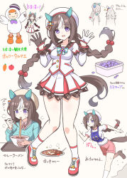 Rule 34 | 2girls, animal ears, aoi masami, aqua sweater, text background, black gloves, braid, brown hair, buttons, chopsticks, curry, curry rice, double-breasted, dress, ear covers, eating, food, gloves, haskap, hokko tarumae (umamusume), holding, holding chopsticks, horse ears, horse girl, horse tail, long hair, long sleeves, multicolored hair, multiple girls, multiple views, noodles, ramen, rice, running, shoes, single ear cover, sneakers, socks, streaked hair, sweater, tail, tomachop, translation request, twin braids, umamusume, white background, white dress, white gloves, white hair, white headwear, white socks, wonder acute (umamusume)