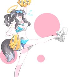 Rule 34 | 1girl, absurdres, animal ears, black hair, blue archive, dog ears, halo, hibiki (blue archive), hibiki (cheer squad) (blue archive), highres, midriff, millennium cheerleader outfit (blue archive), miniskirt, pom pom (cheerleading), shoes, simple background, skirt, solo, sports bra, standing, standing on one leg, sweat, twitter, white background, zekkyuu ice