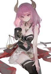 Rule 34 | 1girl, absurdres, aura (sousou no frieren), balance scale, bare shoulders, black shirt, black thighhighs, blush, braid, breasts, bright pupils, cleavage, clothing cutout, collarbone, demon horns, gloves, highres, horns, looking at viewer, medium breasts, navel, navel cutout, pink eyes, pink hair, shirt, simple background, single glove, sitting, skirt, smile, solo, sousou no frieren, strapless, strapless shirt, sword, thighhighs, weapon, weighing scale, white background, white pupils, white skirt, zombie ke