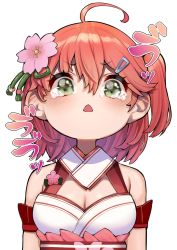 Rule 34 | 1girl, ahoge, bare shoulders, breasts, cleavage, flower, green eyes, hair flower, hair ornament, highres, hololive, large breasts, looking at viewer, medium hair, mikan (chipstar182), obi, one side up, open mouth, pink flower, red hair, red sash, sakura miko, sakura miko (old design), sash, simple background, solo, tears, translation request, upper body, virtual youtuber, white background, wide-eyed