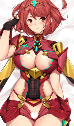 Rule 34 | 1girl, armor, bed sheet, black gloves, blush, breasts, censored, center opening, cleavage, closed eyes, commentary, commission, covered navel, cowboy shot, dakimakura (medium), earrings, english commentary, fingerless gloves, gem, gloves, hair ornament, headpiece, heart, heart censor, jewelry, large breasts, looking at viewer, micro shorts, nintendo, nipples, no panties, open clothes, open shorts, pyra (xenoblade), red eyes, red hair, red shorts, short hair, short shorts, shorts, solo, swept bangs, tiara, tony guisado, xenoblade chronicles (series), xenoblade chronicles 2