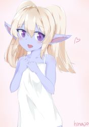 Rule 34 | 1girl, absurdres, artist name, bare shoulders, blonde hair, blue skin, blush, colored skin, dress, fangs, female focus, hand on own chest, heart, highres, hinajo, league of legends, pink background, pointy ears, poppy (league of legends), purple eyes, signature, simple background, solo, sundress, text focus, twintails, yordle