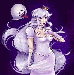Rule 34 | 1girl, boo (mario), breasts, choker, cleavage, crown, daydreamkitten, dress, earrings, eyelashes, gem, ghost, gloves, halloween, jewelry, large breasts, long hair, looking at viewer, luigi&#039;s mansion, mario (series), necklace, new super mario bros. u deluxe, nintendo, one eye closed, princess king boo, purple background, red eyes, red gemstone, simple background, solo, standing, super crown, tongue, tongue out, very long hair, white dress, white gloves, white hair, | |