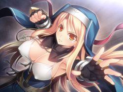 Rule 34 | 1girl, blonde hair, breasts, cleavage, collar, covered erect nipples, crusade heart karen: juin sennou no wana, fingerless gloves, game cg, gloves, karen suchuato, large breasts, long hair, looking at viewer, red eyes, simple background, solo, standing