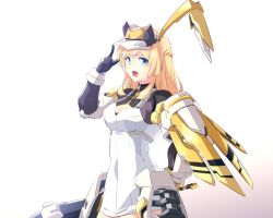 Rule 34 | 1girl, alice gear aegis, arm behind back, blonde hair, blue eyes, braid, breasts, cleavage, cleavage cutout, clenched hand, clothing cutout, crown braid, dress, from side, gloves, highres, holding, ishiyumi, long hair, mecha musume, medium breasts, merabuchi kanami, open mouth, pointing, solo, visor cap, white dress
