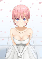 Rule 34 | 1girl, bare shoulders, blue eyes, blush, breasts, cherry blossoms, cleavage, collarbone, dress, elbow gloves, gloves, go-toubun no hanayome, highres, looking at viewer, nakano ichika, petals, pink hair, plu xx, short hair