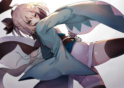 Rule 34 | 1girl, ahoge, bad id, bad pixiv id, blonde hair, bow, fate/grand order, fate (series), hair bow, japanese clothes, katana, koha-ace, looking at viewer, okita souji (fate), okita souji (koha-ace), okotoburi, scarf, shinsengumi, short hair, solo, sword, thighhighs, weapon, yellow eyes
