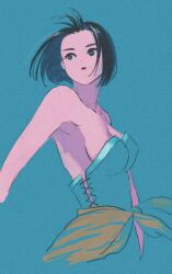 Rule 34 | 1girl, 4.5j, bare shoulders, black hair, blue eyes, breasts, dress, gensou suikoden, gensou suikoden iv, highres, looking to the side, medium breasts, mizuki (suikoden), open mouth, short hair, simple background, solo, turning head