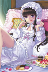 Rule 34 | 1girl, bed, bloomers, blunt bangs, bow, brown hair, cake, cupcake, female focus, flat chest, food, frilled pillow, frills, indoors, long hair, lowres, pajamas, petals, pillow, purple eyes, solo, sword girls, underwear