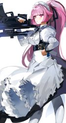 Rule 34 | 1girl, absurdres, anti-materiel rifle, apron, black dress, breasts, denel land systems, dress, frilled apron, frills, girls&#039; frontline, gun, highres, long hair, long sleeves, maid, maid apron, medium breasts, moko (moko/moko), ntw-20, ntw-20 (girls&#039; frontline), ntw-20 (the aristocrat experience) (girls&#039; frontline), official alternate costume, pink eyes, pink hair, ponytail, rifle, scope, sniper rifle, solo, weapon, white apron, white legwear