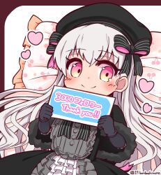 Rule 34 | 1girl, absurdres, beret, black background, black bow, black capelet, black dress, black gloves, black hat, blush, bow, capelet, cherry print, closed mouth, commentary request, doll joints, dress, elbow gloves, fate/extra, fate (series), food print, frilled dress, frilled pillow, frills, fur-trimmed capelet, fur trim, gloves, grey hair, hair between eyes, hat, heart, highres, holding, joints, long hair, looking at viewer, milestone celebration, nursery rhyme (fate), pillow, pink eyes, print pillow, puffy short sleeves, puffy sleeves, short sleeves, smile, solo, striped bow, thank you, twitter username, two-tone background, very long hair, white background, yuya090602