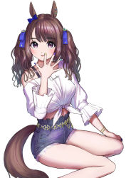 Rule 34 | 1girl, absurdres, animal ears, belt, blush, bracelet, breasts, brown hair, curry soba, cutoffs, denim, denim shorts, feet out of frame, hand up, highres, horse ears, horse girl, horse tail, jewelry, lips, long hair, long sleeves, looking at viewer, medium breasts, midriff, parted bangs, purple eyes, shirt, shorts, simple background, single bare shoulder, sitting, solo, spread fingers, tail, tied shirt, tosen jordan (umamusume), twintails, umamusume, white background, white shirt, yokozuwari