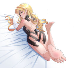 Rule 34 | 1girl, absurdres, ass, bare shoulders, barefoot, blonde hair, blush, bodysuit, commentary, english commentary, eyepatch, feet, full body, green eyes, hair over one eye, highres, long hair, looking at viewer, lying, on stomach, othinus, pillow, shoulder blades, smile, soles, solo, the pose, toaru majutsu no index, toaru majutsu no index: new testament, toes, trebas, very long hair