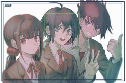 Rule 34 | 1girl, 2boys, :&lt;, ahoge, black hair, brown hair, brown jacket, camera, closed mouth, collared shirt, commentary request, danganronpa (series), danganronpa v3: killing harmony, fang, grin, hair between eyes, hair ornament, hair scrunchie, hairclip, highres, jacket, long hair, long sleeves, looking at viewer, low twintails, mole, mole under eye, multiple boys, neck ribbon, open mouth, purple eyes, purple hair, red ribbon, red scrunchie, ribbon, school uniform, scrunchie, shirt, short hair, smile, sweatdrop, teeth, thumbs up, twintails, upper teeth only, v-shaped eyebrows, visket53, w, white shirt