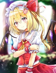 Rule 34 | 1girl, ascot, blonde hair, commentary request, flandre scarlet, flower, grabbing own arm, hair flower, hair ornament, hat, hat ribbon, highres, mob cap, pink flower, puffy short sleeves, puffy sleeves, red eyes, red ribbon, red skirt, red vest, renka (cloudsaikou), ribbon, short hair, short sleeves, side ponytail, skirt, smile, solo, touhou, vest, wings, wrist cuffs, yellow ascot