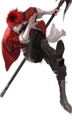 Rule 34 | 1boy, axe, bandages, bandaid, bandaid on arm, battle axe, black footwear, boots, coat, highres, holding, holding axe, holding weapon, infukun, jacket, red eyes, red hair, red jacket, simple background, solo, sousou no frieren, stark (sousou no frieren), weapon, white background