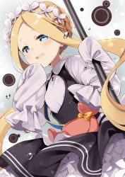 Rule 34 | 1girl, :d, abigail williams (fate), abigail williams (festival outfit) (fate), black dress, blonde hair, blue eyes, blush, braid, butterfly hair ornament, collared shirt, commentary request, dress, fate/grand order, fate (series), forehead, hair ornament, hand up, holding, keyhole, long hair, long sleeves, looking away, natsume eri, official alternate costume, open mouth, parted bangs, shirt, sidelocks, sleeveless, sleeveless dress, sleeves past fingers, sleeves past wrists, smile, solo, stuffed animal, stuffed toy, teddy bear, very long hair, white shirt