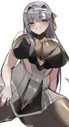 Rule 34 | bandaged head, bandages, blush, bodystocking, breasts, cameltoe, cleavage, goddess of victory: nikke, grey hair, grin, hair ribbon, huge breasts, long hair, looking at viewer, modernia (nikke), red eyes, ribbon, see-through, see-through cleavage, sidelocks, sitting, smile, spread legs, thighs, unknownnoname0, yellow ribbon