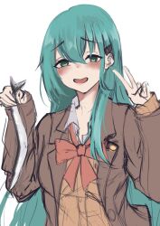 Rule 34 | 1girl, aqua eyes, aqua hair, brown jacket, commentary request, hair ornament, hairpin, highres, jacket, kakeru 490, kantai collection, long hair, open mouth, red ribbon, ribbon, simple background, smile, solo, suzuya (kancolle), suzuya kai ni (kancolle), upper body, v, white background
