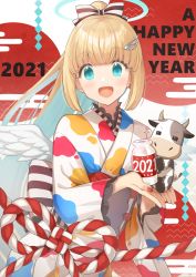 Rule 34 | 1girl, 2021, :d, animal, aqua eyes, blonde hair, blue hair, bottle, chinese zodiac, commentary request, cow, egasumi, feathered wings, hands up, happy new year, high ponytail, highres, holding, holding animal, holding bottle, japanese clothes, kimono, koto (colorcube), long hair, long sleeves, looking at viewer, mini wings, multicolored hair, nail polish, new year, obi, open mouth, original, ponytail, red nails, sash, sidelocks, smile, solo, two-tone hair, very long hair, white kimono, white wings, wide sleeves, wing hair ornament, wings, year of the ox
