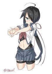 Rule 34 | 10s, 1girl, ahoge, bad id, bad twitter id, black hair, blue eyes, blue skirt, blush, closed mouth, cowboy shot, cropped legs, ebifurya, eyebrows, hair over one eye, highres, inactive account, kako (kancolle), kantai collection, long hair, midriff, navel, neckerchief, one eye covered, own hands together, pleated skirt, ponytail, sarashi, school uniform, serafuku, short sleeves, simple background, skirt, solo, stomach, stretching, twitter username, white background