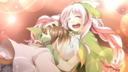 Rule 34 | 1boy, 1girl, ^ ^, alto travers, arms around neck, atelier-moo, between breasts, blush, braid, breasts, brown hair, cleavage, closed eyes, covering face, dress, face between breasts, hair ribbon, hand on another&#039;s head, head between breasts, highres, hug, large breasts, long hair, nina lazydaisy, open mouth, pink hair, ribbon, short hair, smile, standing, twin braids, wince, wizards symphony
