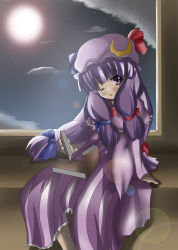 Rule 34 | 1girl, absurdres, book, cloud, crescent hat ornament, female focus, hat, hat ornament, highres, indoors, long hair, moon, night, one eye closed, pajamas, patchouli knowledge, photoshop (medium), purple eyes, purple hair, ribbon, shi ecchi, sitting, sky, solo, touhou, wink