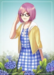 Rule 34 | 1girl, :d, black-framed eyewear, blue dress, blurry, blush, cardigan, casual, day, depth of field, dress, fate/grand order, fate (series), flower, glasses, hair over one eye, hand in own hair, hand up, highres, light purple hair, looking at viewer, mash kyrielight, mash kyrielight (senpai killer outfit), official alternate costume, open cardigan, open clothes, open mouth, outdoors, pink hair, plaid, plaid dress, purple eyes, semi-rimless eyewear, short hair, skyregalias, smile, solo, under-rim eyewear