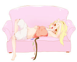 Rule 34 | 1girl, armpits, bacho, barefoot, blonde hair, bloomers, bloomers pull, blush, camisole, casual, child, couch, embodiment of scarlet devil, fang, female focus, flandre scarlet, full body, hand on own stomach, highres, hot, lying, navel, no headwear, on back, open mouth, short hair, side ponytail, simple background, solo, stomach, sweat, tongue, tongue out, touhou, underwear, underwear only, undressing, white bloomers, wings