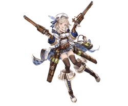 Rule 34 | 10s, 1girl, bag, belt, black thighhighs, blonde hair, blue eyes, boots, coat, cucouroux (granblue fantasy), female focus, full body, granblue fantasy, gun, hat, holding, holding weapon, knee boots, looking at viewer, minaba hideo, official art, open mouth, short hair, skirt, smile, solo, standing, thighhighs, transparent background, weapon, white background, wide sleeves, zettai ryouiki