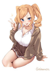 Rule 34 | 1girl, alternate costume, blonde hair, blouse, blue eyes, blush, breasts, brown skirt, cleavage, collarbone, collared shirt, cowboy shot, cropped legs, drill hair, ebifurya, feet out of frame, hair between eyes, highres, honolulu (kancolle), jacket, kantai collection, large breasts, long hair, long sleeves, looking at viewer, one-hour drawing challenge, open clothes, open jacket, open mouth, pleated skirt, school uniform, shirt, simple background, sitting, skirt, smile, solo, sparks, tongue, tongue out, twin drills, twintails, twitter username, v, white background, white shirt