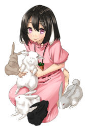 Rule 34 | 1girl, animal ears, black hair, blush, carrot, carrot necklace, dress, inaba tewi, jewelry, lips, looking at viewer, necklace, pink dress, pink eyes, puffy sleeves, rabbit, rabbit ears, red eyes, short hair, short sleeves, simple background, sitting, smile, solo, touhou, unowen, white background