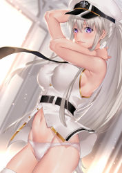 Rule 34 | 1girl, arm behind head, armpits, arms up, azur lane, bare arms, bare shoulders, belt, black necktie, blush, breasts, clothes writing, commentary request, covered erect nipples, cowboy shot, day, deras, enterprise (azur lane), floating hair, gold trim, groin, hand on headwear, hat, indoors, large breasts, light particles, long hair, looking at viewer, navel, necktie, no pants, panties, partially unbuttoned, peaked cap, purple eyes, shiny skin, shirt, sideboob, silver hair, skindentation, sleeveless, sleeveless shirt, smile, solo, stomach, sunlight, taut clothes, taut shirt, thighhighs, thighs, underwear, very long hair, white panties, wind, window