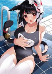 Rule 34 | 1girl, absurdres, animal ear fluff, animal ears, azur lane, bell, black hair, black one-piece swimsuit, blunt bangs, breasts, cat tail, cleavage, collarbone, commentary request, covered navel, fang, hand on own chest, highres, large breasts, mask, mask on head, noh mask, official alternate costume, one-piece swimsuit, open mouth, pool, pool ladder, poolside, red eyes, school swimsuit, short hair, sitting, smile, solo, swimsuit, tail, thick eyebrows, thighhighs, thighs, tile floor, tiles, white thighhighs, yamaha tsui, yamashiro (azur lane), yamashiro (summer offensive?) (azur lane)