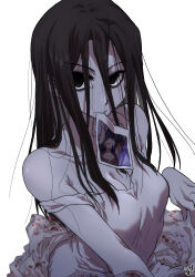 2girls absurdres black_eyes black_hair blood blood_on_clothes blood_splatter breasts cleavage closed_mouth collarbone dress ed-chan_(edkuroki) edkuroki hair_between_eyes highres long_hair mouth_hold multiple_girls original pale_skin photo_(object) sadi-chan_(edkuroki) signature simple_background solo_focus strap_slip white_background white_dress