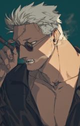 Rule 34 | 1boy, absurdres, black shirt, cigarette, facial hair, fang, highres, looking to the side, male focus, one piece, red eyes, scar, scar on face, shading, shirt, short hair, smoke, smoker (one piece), smoking, solo, sunglasses, user rjev8385, white hair