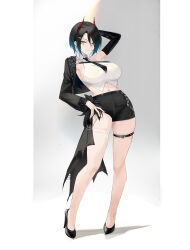 Rule 34 | 1girl, absurdres, arm behind head, asymmetrical pants, azur lane, bare legs, black hair, black jacket, black nails, black necktie, black shorts, breasts, casual, collared shirt, cropped jacket, cropped shirt, ear piercing, full body, hair ornament, hair over one eye, hairclip, hand on own hip, high heels, highres, hip focus, horns, jacket, large breasts, leaning back, leaning to the side, legs, looking at viewer, medium hair, midriff, multicolored hair, nail polish, navel, necktie, piercing, shirt, short shorts, shorts, sleeveless, sleeveless shirt, slit pupils, smile, solo, standing, suo bu ye feng, thigh strap, thighs, two-tone hair, ulrich von hutten (azur lane), white hair, white shirt, yellow eyes