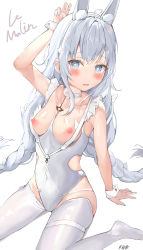 Rule 34 | 1girl, absurdres, ahoge, animal ear fluff, animal ears, azur lane, blue eyes, blue nails, blush, braid, breasts, character name, collarbone, commentary, embarrassed, english commentary, fake animal ears, hair between eyes, harune rane, highres, le malin (azur lane), le malin (listless lapin) (azur lane), leotard, long hair, looking at viewer, low twin braids, medium breasts, nail polish, nipples, official alternate costume, open mouth, pantyhose, rabbit ears, silver hair, sitting, sleeveless, solo, thigh strap, twin braids, very long hair, wariza, white leotard, white pantyhose, wrist cuffs